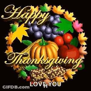 A Happy Thanksgiving Greeting Card With Pumpkins , Apples , Grapes , Corn , And Leaves . GIF