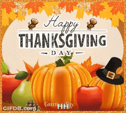 A Happy Thanksgiving Greeting Card With Pumpkins , Apples , Turkeys , And Leaves . GIF