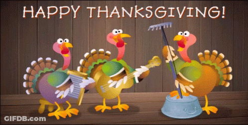 A Happy Thanksgiving Greeting Card With Turkeys Playing Music GIF