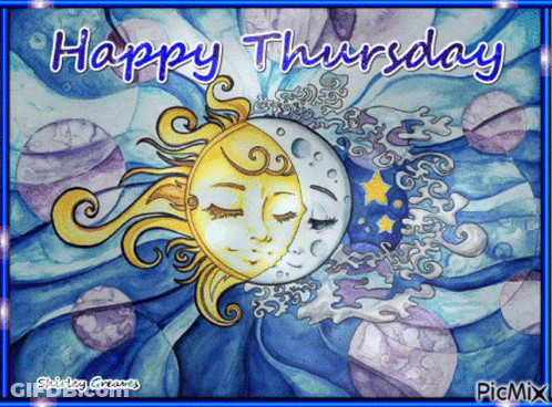 A Happy Thursday Card With A Sun And Moon GIF