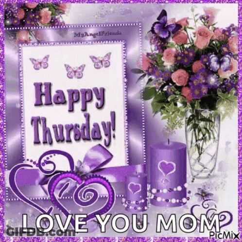 A Happy Thursday Card With Purple Flowers And Candles . GIF