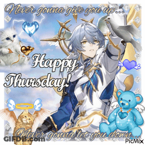 A Happy Thursday Greeting Card With A Boy Holding A Bird GIF