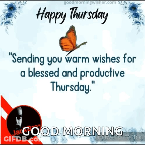 A Happy Thursday Greeting Card With A Butterfly And Flowers GIF