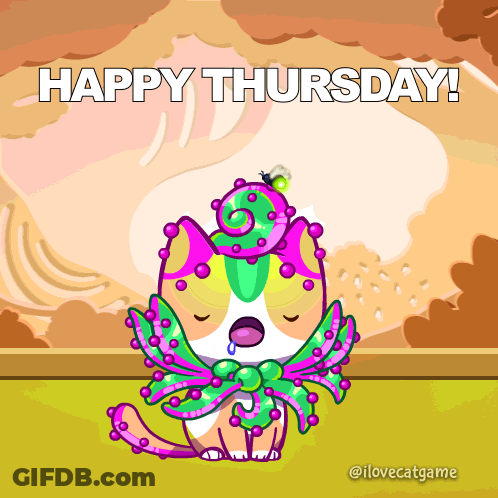 A Happy Thursday Greeting Card With A Cat Wearing A Hat GIF