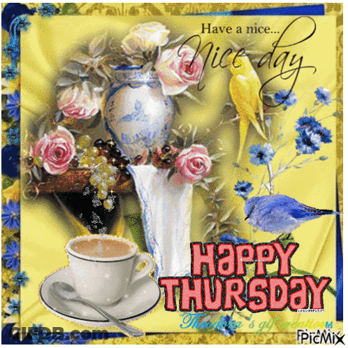 A Happy Thursday Greeting Card With A Cup Of Coffee GIF