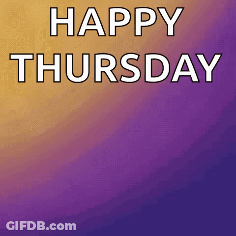 A Happy Thursday Greeting Card With A Purple And Yellow Background GIF