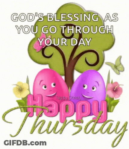 A Happy Thursday Greeting Card With Two Easter Eggs And A Tree . GIF