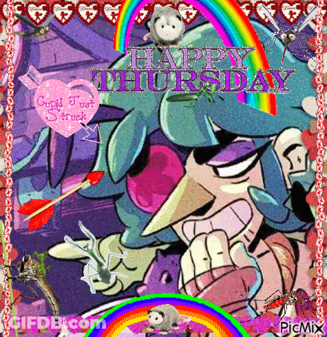 A Happy Thursday Greeting With A Cartoon Character And A Rainbow GIF