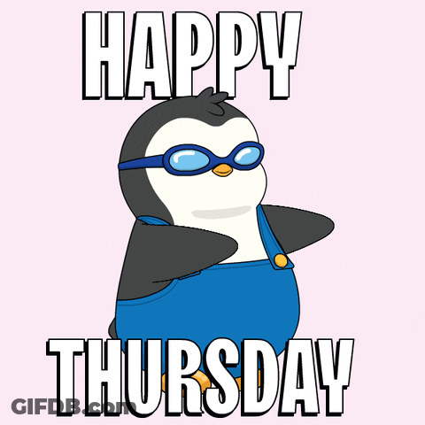 A Happy Thursday Message With A Penguin Wearing Overalls GIF