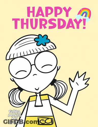 A Happy Thursday Poster With A Girl Wearing Glasses GIF