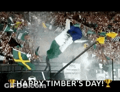 A Happy Timber 'S Day Greeting With A Picture Of A Person Jumping In The Air GIF