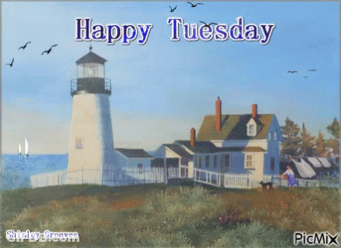 A Happy Tuesday Greeting Card With A Lighthouse And Houses GIF