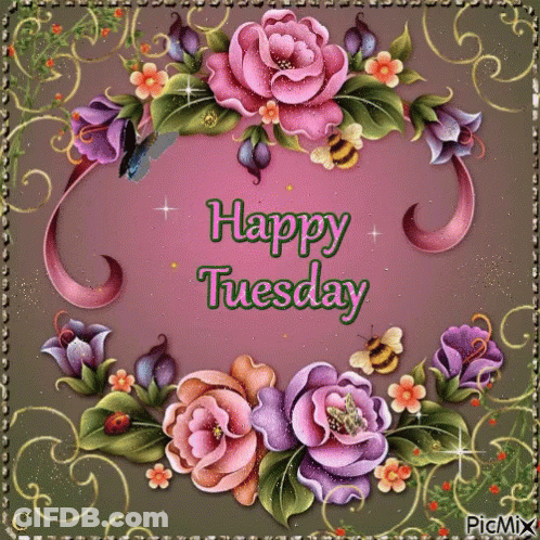 A Happy Tuesday Greeting Card With Flowers And Butterflies GIF