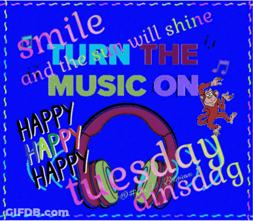 A Happy Tuesday Greeting With A Monkey And Headphones On A Blue Background GIF