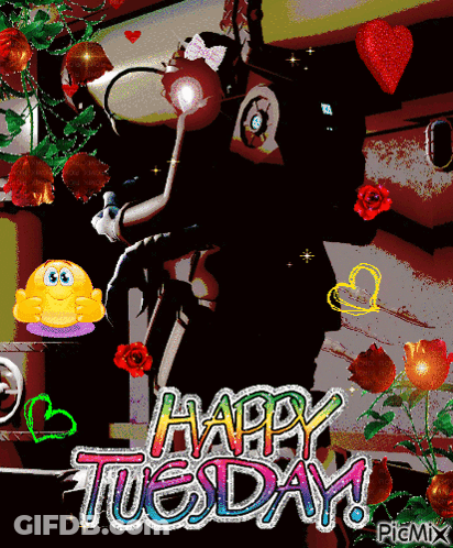 A Happy Tuesday Greeting With A Smiley Face And Flowers GIF