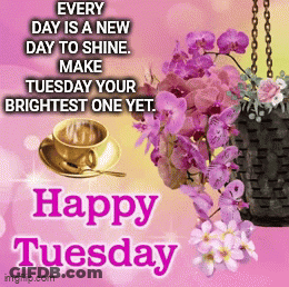 A Happy Tuesday Message With A Cup Of Coffee And Flowers GIF