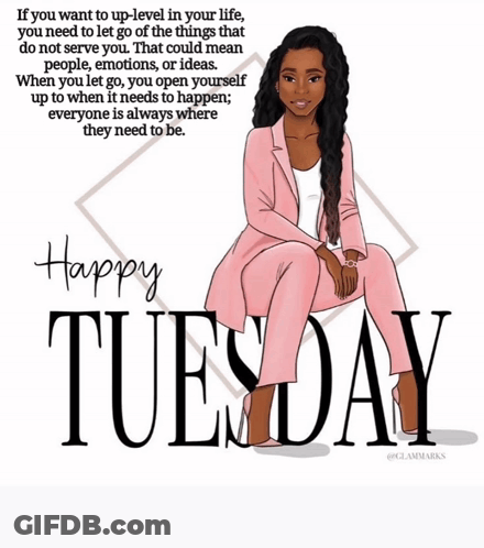 A Happy Tuesday Poster With A Woman In A Pink Suit GIF