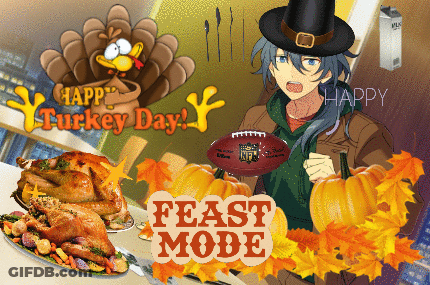 A Happy Turkey Day Feast Mode Poster With A Man In A Pilgrim Hat Holding An Nfl Football GIF