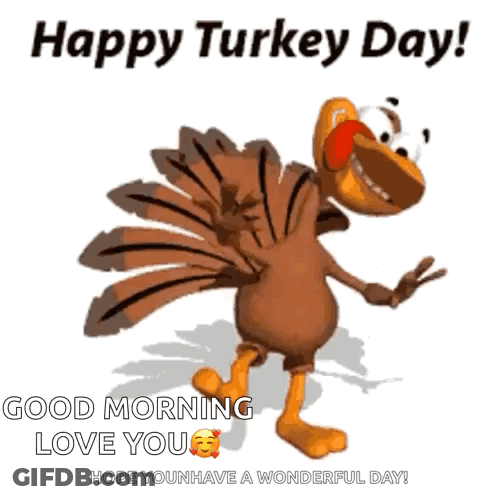 A Happy Turkey Day Greeting Card With A Cartoon Turkey GIF