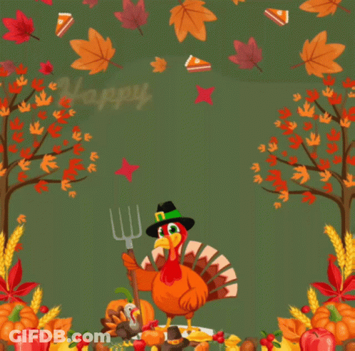 A Happy Turkey Day Greeting Card With A Turkey Holding A Fork And A Pilgrim Hat GIF