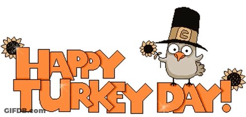 A Happy Turkey Day Sign With An Owl In A Pilgrim Hat Holding Sunflowers GIF