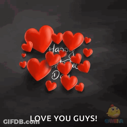 A Happy Valentine 'S Day Card With Red Hearts On A Black Background GIF