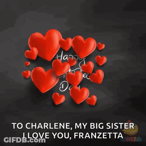 A Happy Valentine 'S Day Card With Red Hearts On A Black Background GIF