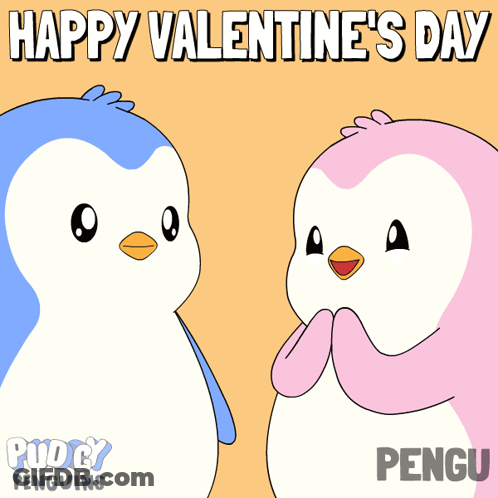 A Happy Valentine 'S Day Card With Two Penguins Holding A Rose GIF