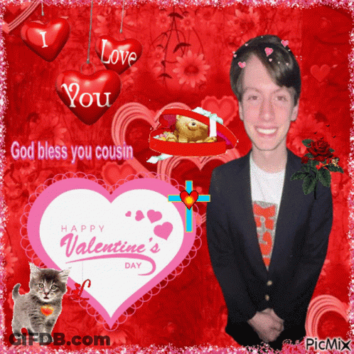 A Happy Valentine 'S Day Greeting Card With A Boy And A Cat GIF