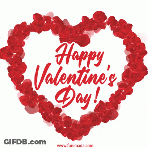 A Happy Valentine 'S Day Greeting Card With A Heart Made Of Red Hearts GIF