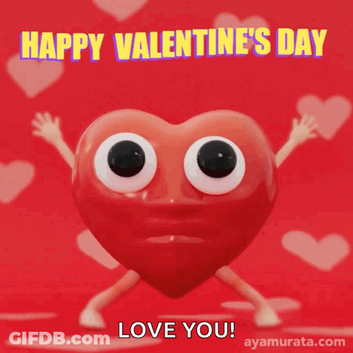 A Happy Valentine 'S Day Greeting Card With A Heart With Eyes And Arms GIF