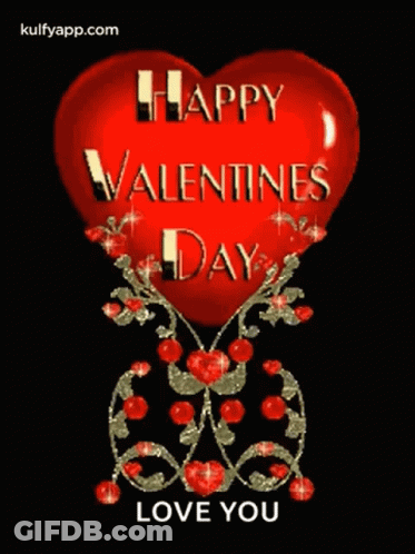 A Happy Valentine 'S Day Greeting Card With A Red Heart And Roses On A Black Background . GIF