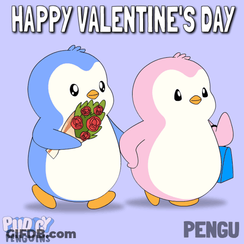 A Happy Valentine 'S Day Greeting Card With Penguins GIF