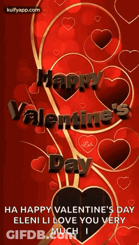 A Happy Valentine 'S Day Greeting Card With Red And Gold Hearts GIF