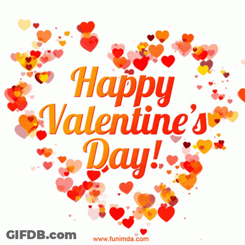 A Happy Valentine 'S Day Greeting Card With Red Hearts Around It GIF