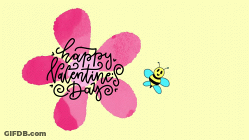 A Happy Valentine 'S Day Greeting With A Pink Flower And A Bee GIF