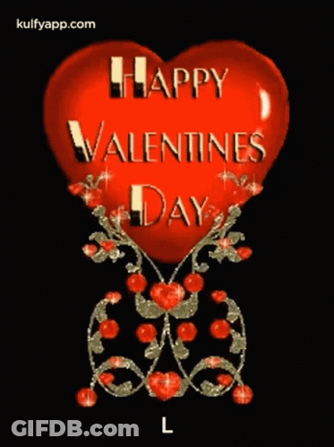 A Happy Valentine 'S Day Greeting With A Red Heart On A Black Background GIF