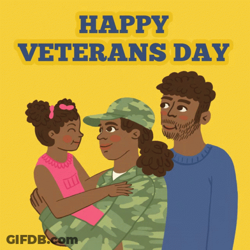 A Happy Veterans Day Greeting Card With A Man And Woman Holding A Child GIF