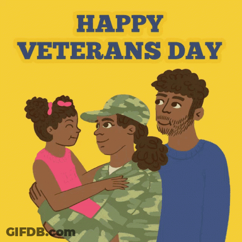 A Happy Veterans Day Greeting Card With A Man Holding A Girl GIF
