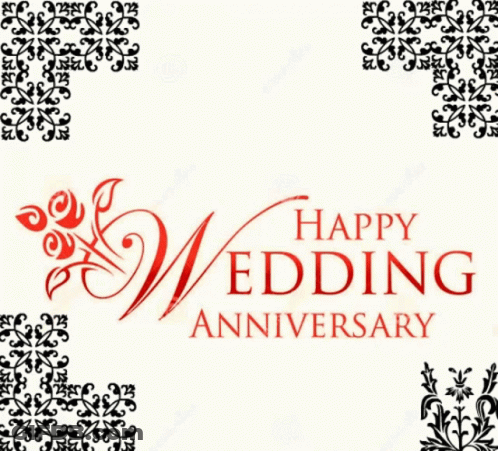 A Happy Wedding Anniversary Greeting Card With A Black And Red Floral Design GIF