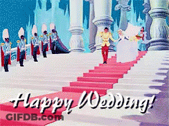 A Happy Wedding Card With Cinderella And Prince Charming On The Stairs GIF