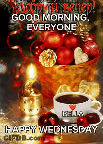 A Happy Wednesday Card With A Cup Of Coffee And A Basket Of Christmas Balls GIF