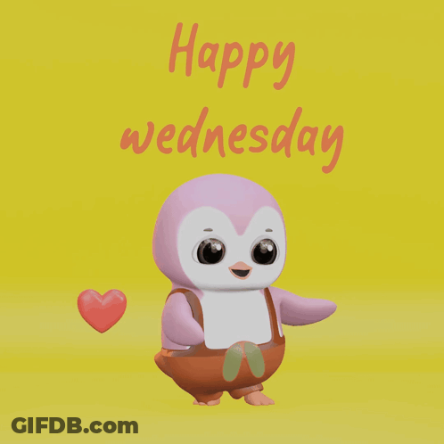A Happy Wednesday Card With A Pink Penguin GIF
