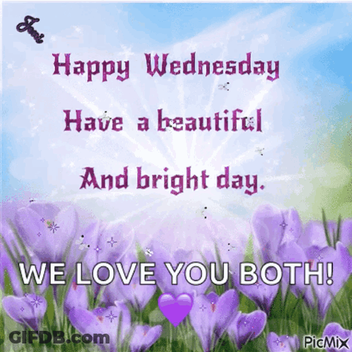 A Happy Wednesday Card With Purple Flowers And The Words " We Love You Both " GIF