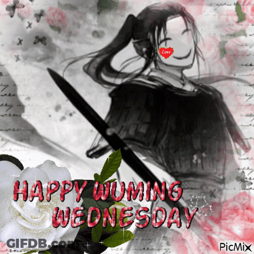 A Happy Wednesday Greeting Card With A Drawing Of A Woman Holding A Knife GIF