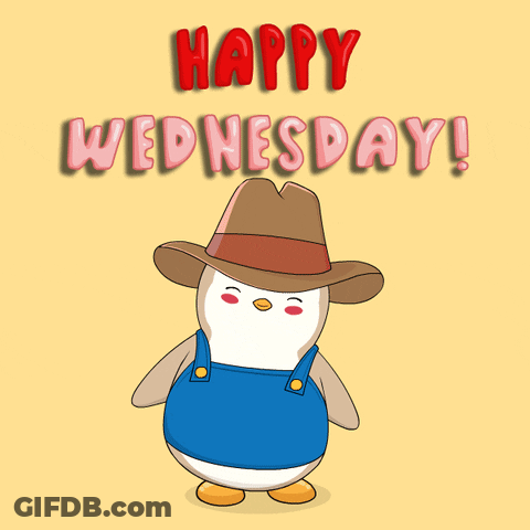 A Happy Wednesday Greeting Card With A Penguin Wearing A Cowboy Hat And Overalls GIF