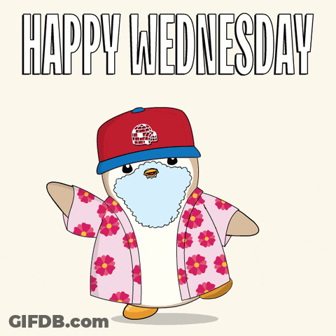 A Happy Wednesday Greeting Card With A Penguin Wearing A Hat And A Floral Shirt GIF