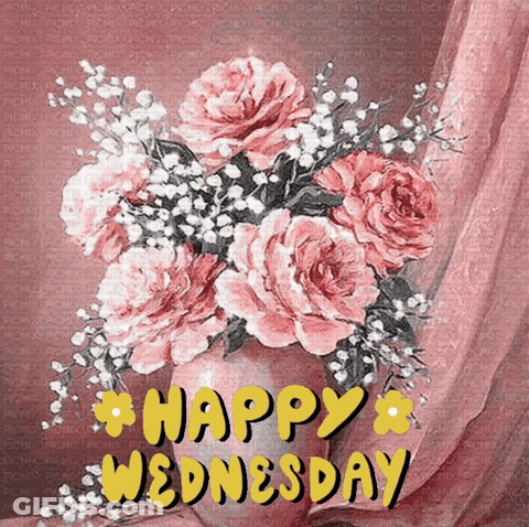 A Happy Wednesday Greeting Card With A Vase Of Pink Roses GIF