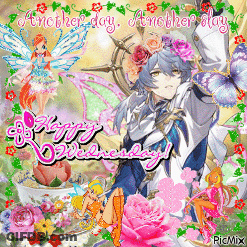 A Happy Wednesday Greeting Card With Flowers And A Boy GIF