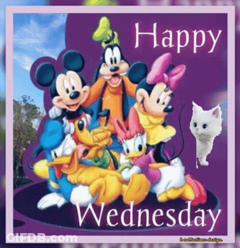 A Happy Wednesday Greeting Card With Mickey Mouse Minnie Mouse And Goofy GIF